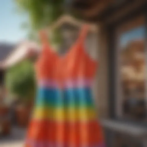 A vibrant A-line sundress displayed on a mannequin in a sunny outdoor setting