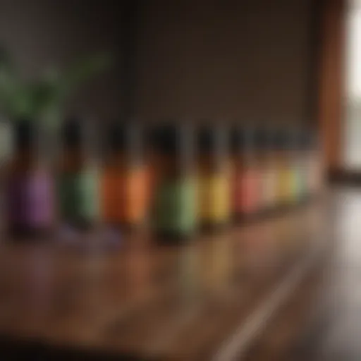 Bottles of essential oils lined up on a wooden surface