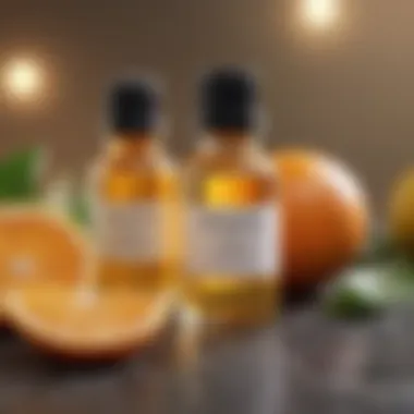 Citrus fruits with essential oil vials in a bright setting