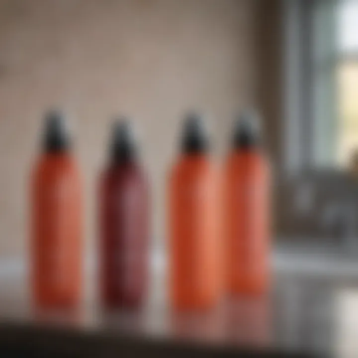 An array of top-rated heat protectant sprays lined up on a vanity.