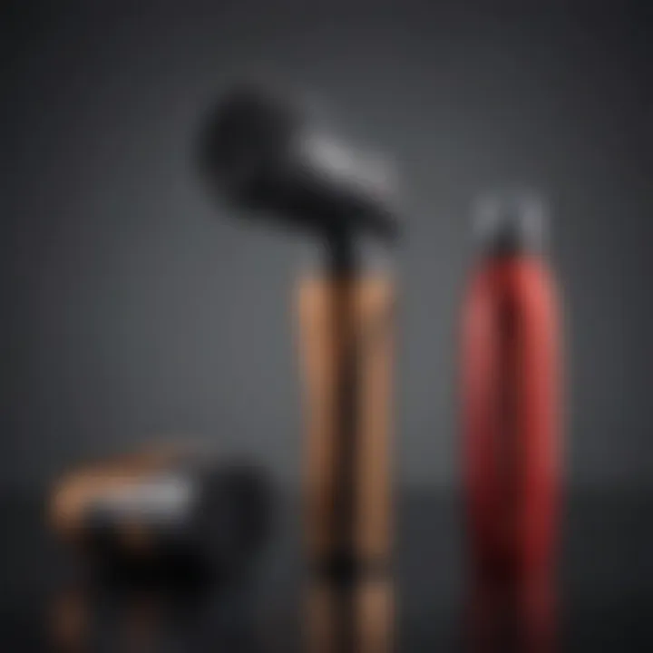 A stylish hair styling tool set with a heat protectant spray in focus.