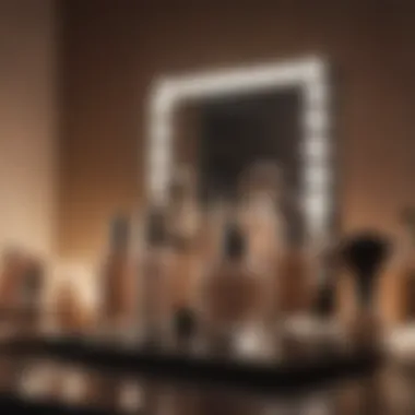 An inviting makeup vanity featuring light coverage foundations and tools.
