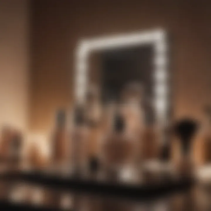 An inviting makeup vanity featuring light coverage foundations and tools.