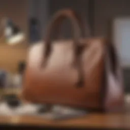 Stylish large purse placed on an elegant office desk with a laptop