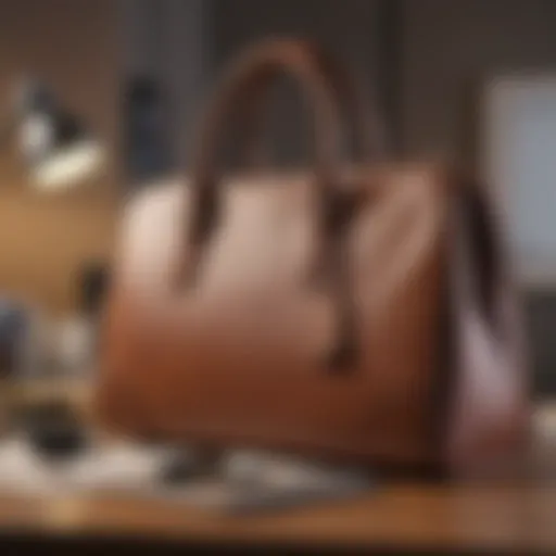 Stylish large purse placed on an elegant office desk with a laptop