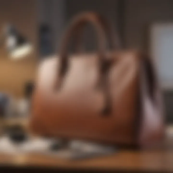 Stylish large purse placed on an elegant office desk with a laptop