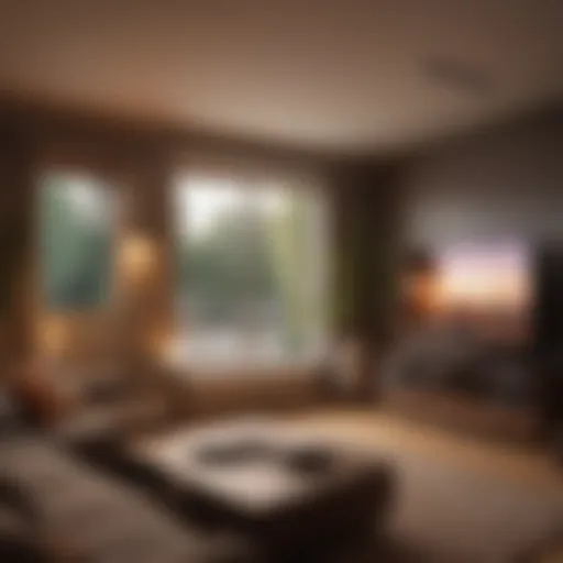 A cozy living room setup with a projector and comfortable seating