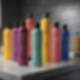 A vibrant display of various clarifying shampoos on a sleek countertop