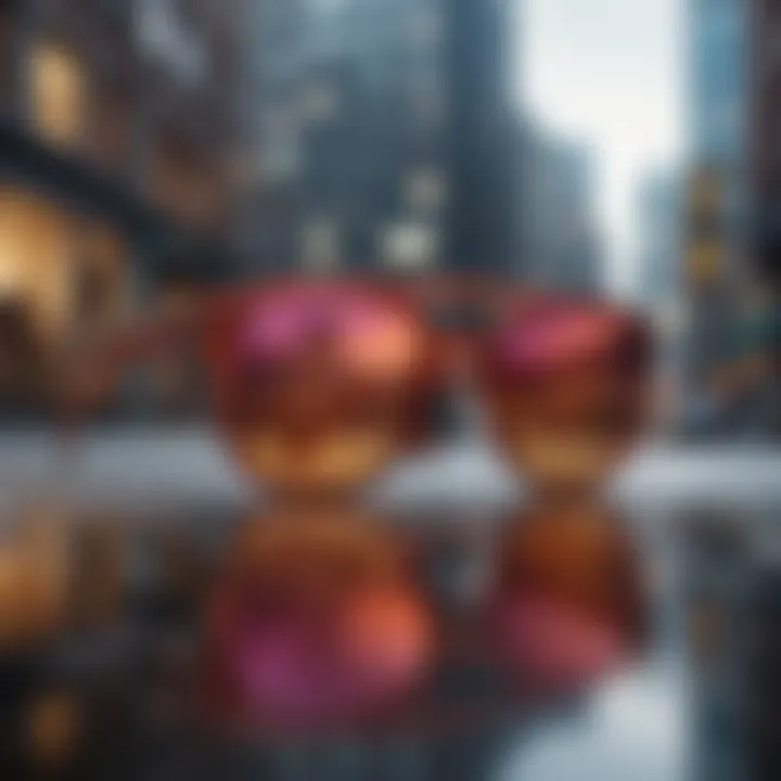 A stylish pair of code sunglasses reflecting a vibrant cityscape