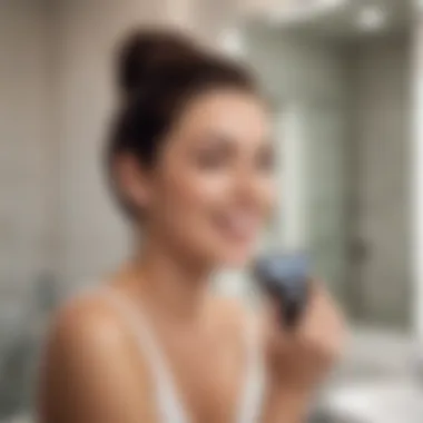 Effortless Grooming Experience An elegant woman using a battery-operated shaver with a smile in a modern bathroom
