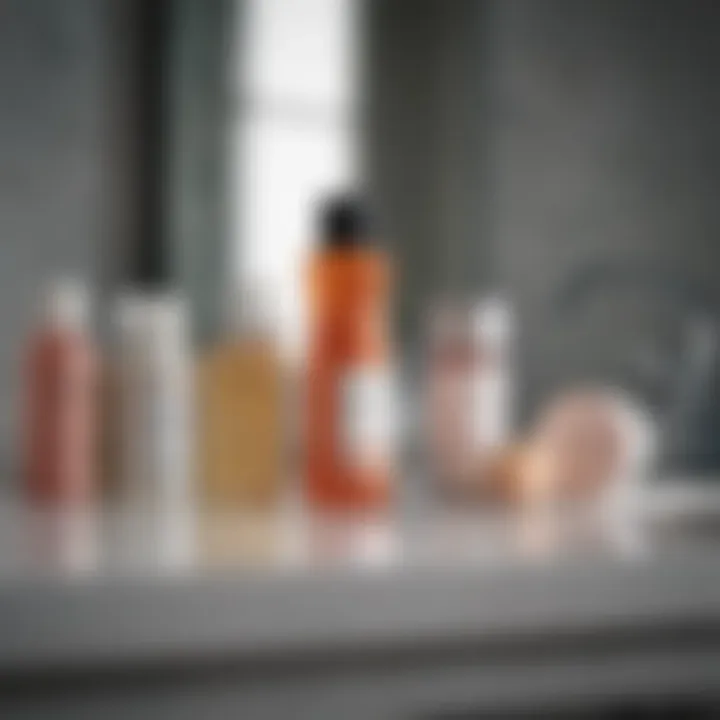 A detailed view of common acne treatment products placed on a bathroom countertop