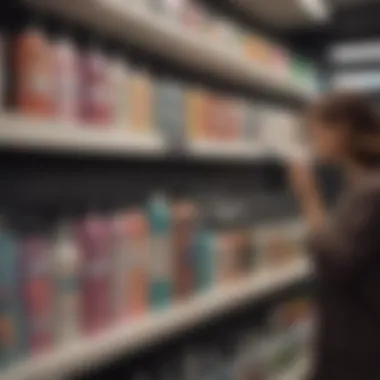 A consumer analyzing shampoo labels in a retail store