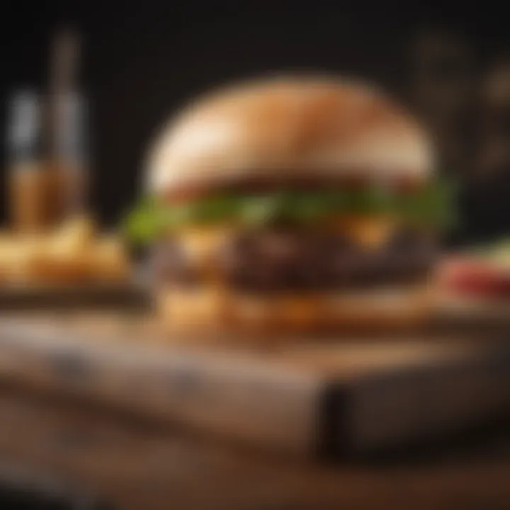 A finished burger presented on a rustic wooden board