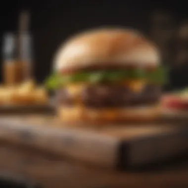 The Ultimate Burger Presentation A finished burger presented on a rustic wooden board