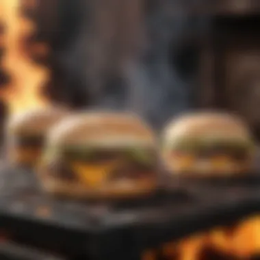 Sizzling burgers on a grill