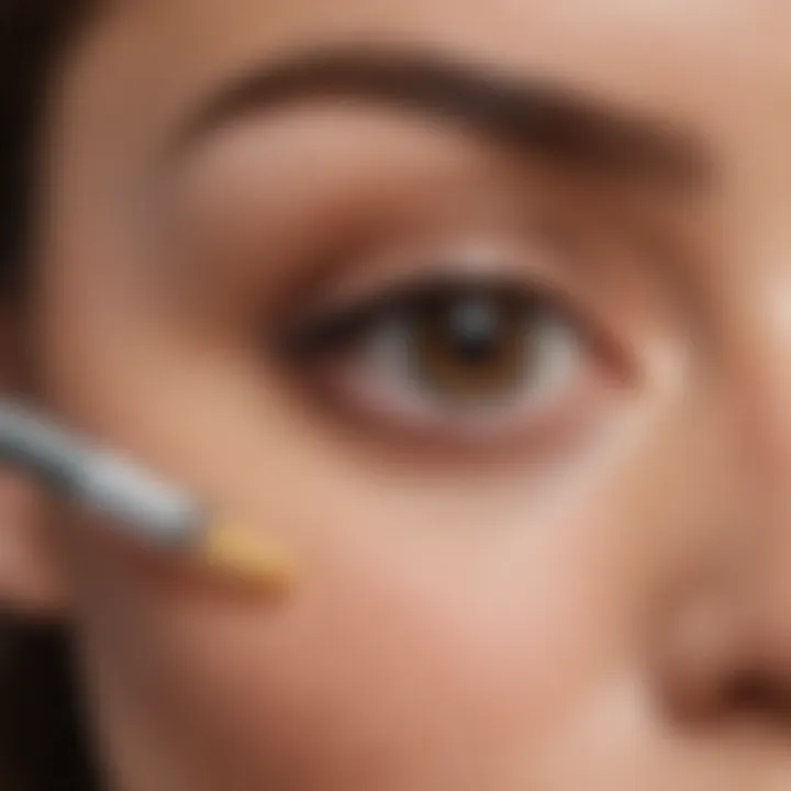 Close-up of a depuffing eye roller applying serum under the eyes