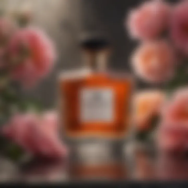 An elegant perfume bottle against a backdrop of flowers symbolizing femininity.