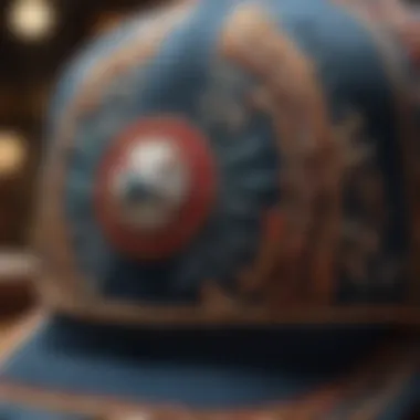 A close-up view of a baseball cap adorned with intricate embroidery and unique patterns.