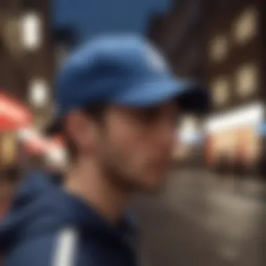 A stylish individual wearing a modern baseball cap in a bustling urban environment.