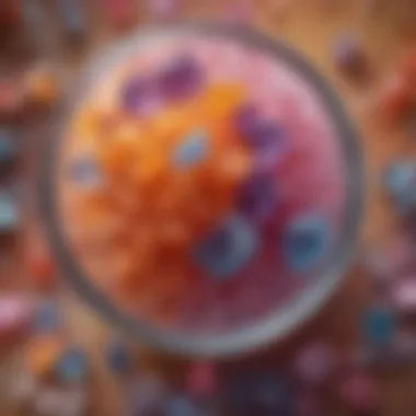 Close-up of colorful bath salt crystals in a glass jar