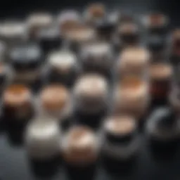 A close-up view of various dark circle eye creams arranged on a vanity.