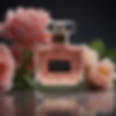 Close-up of fresh floral notes being highlighted in a perfume bottle