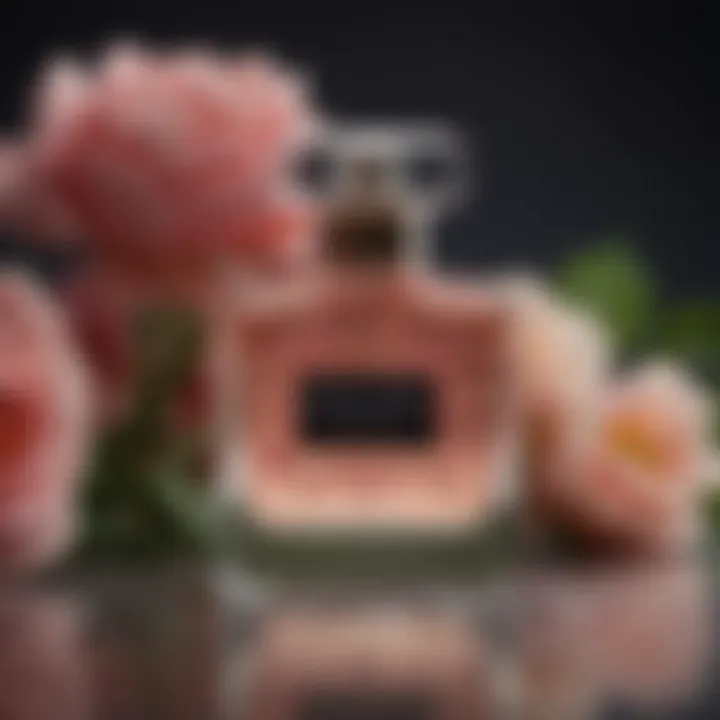 Close-up of fresh floral notes being highlighted in a perfume bottle