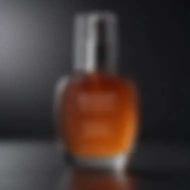 Close-up of a body serum bottle with dark spot treatment formulation