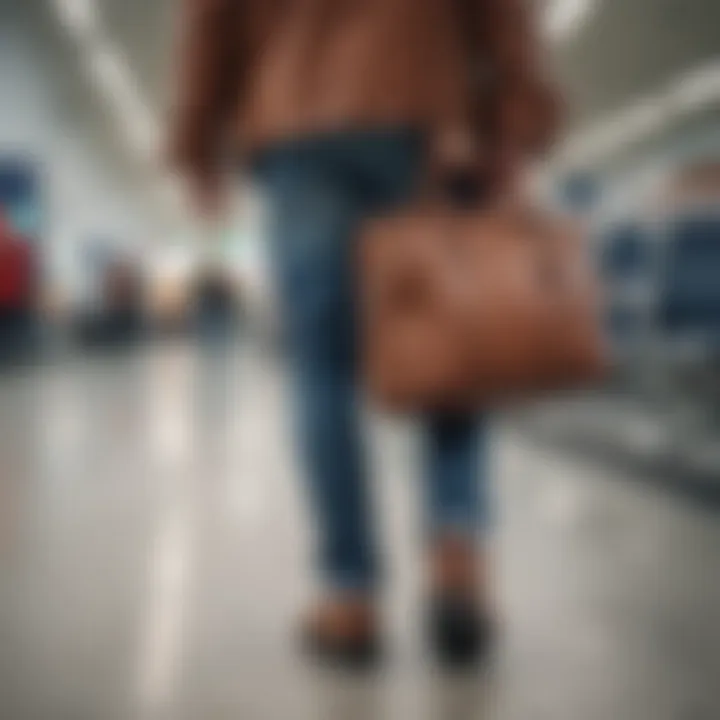 Traveler navigating through a busy airport with an attached carry-on bag