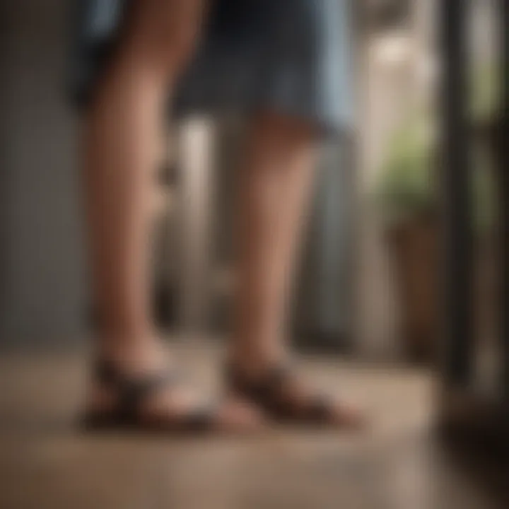 Woman trying on flat sandals in a boutique