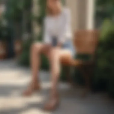 Fashionable woman wearing Tory Burch sandals in a casual setting.