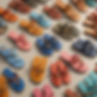 A vibrant collection of Tory Burch sandals arranged for a stylish display.