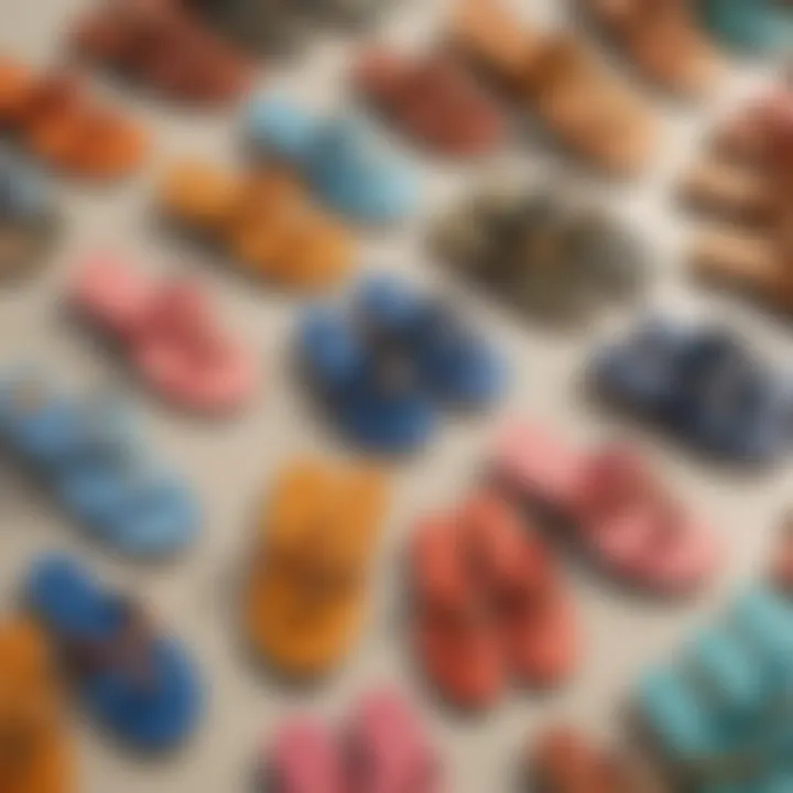 A vibrant collection of Tory Burch sandals arranged for a stylish display.