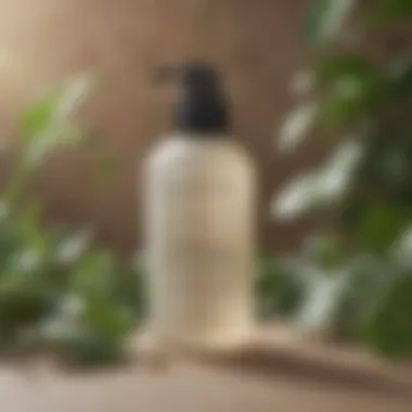 Close-up of minoxidil leave-in conditioner bottle with a botanical background