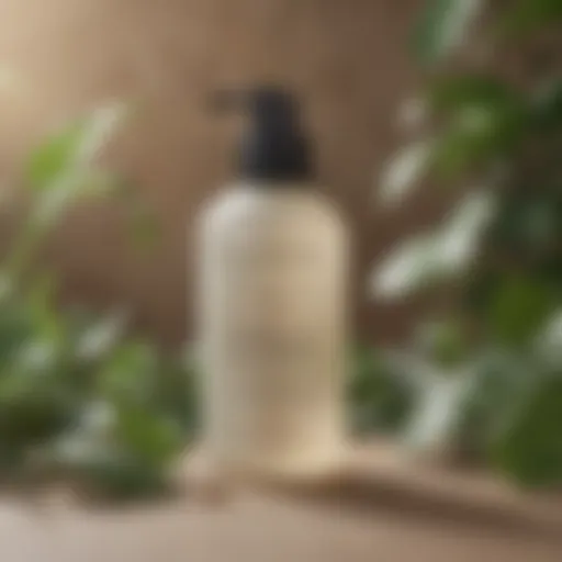 Close-up of minoxidil leave-in conditioner bottle with a botanical background