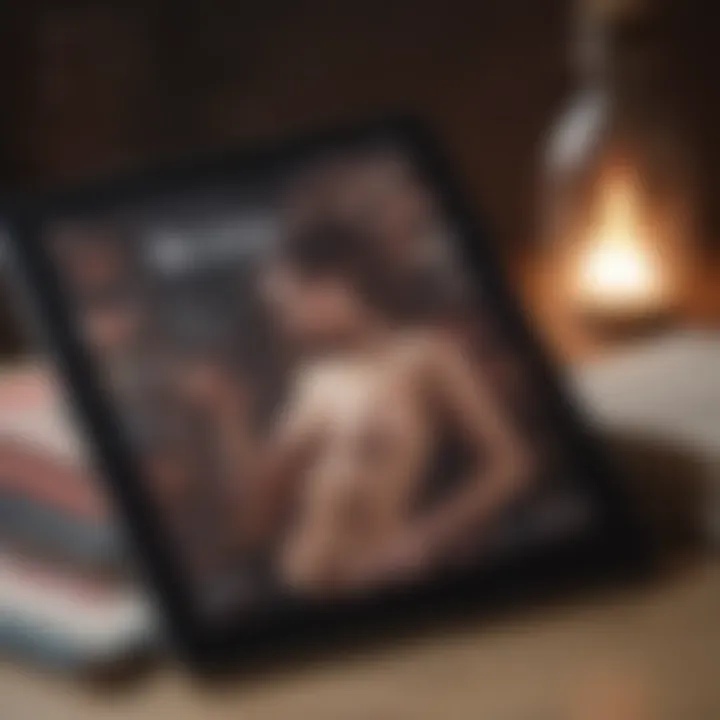 A digital tablet displaying various erotic book covers