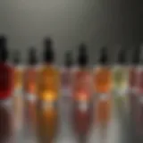 A close-up of diverse facial oils in elegant glass bottles