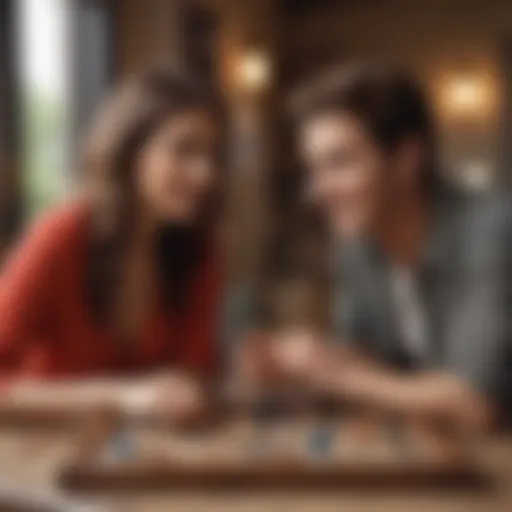 A cozy indoor setting with a couple engaged in a board game, showcasing teamwork and fun.