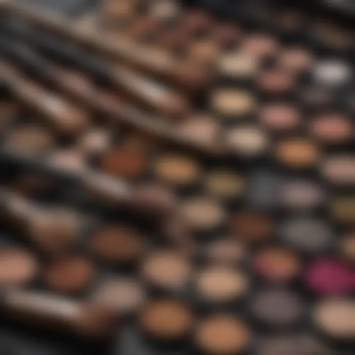 An array of makeup brushes and nude glitter eye shadow palettes