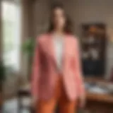 A chic outfit combining a lightweight blazer with a comfortable top and tailored pants, set against a serene home office backdrop.