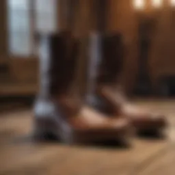 Elegant leather boots on a rustic wooden surface