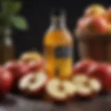 A close-up of apple cider vinegar in a glass bottle alongside fresh apples