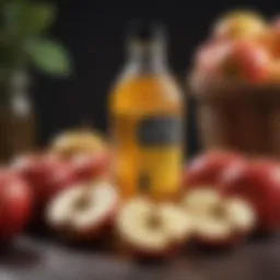 A close-up of apple cider vinegar in a glass bottle alongside fresh apples