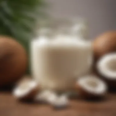 Close-up of coconut oil in a glass jar surrounded by fresh coconuts