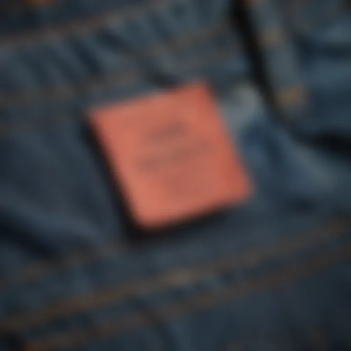 Close-up of care labels on denim bermuda shorts