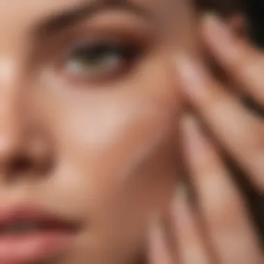 Close-up of a hand applying lightweight foundation on the skin.