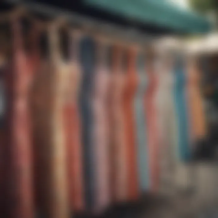 A selection of sundresses arranged on a colorful outdoor market stand