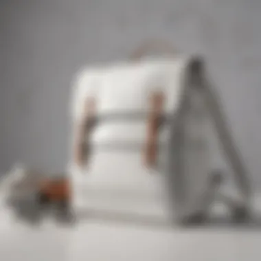 Care tips displayed alongside a white leather laptop backpack