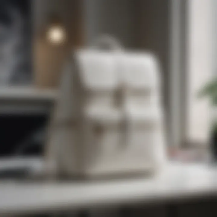 Sleek white leather laptop backpack on a modern workspace