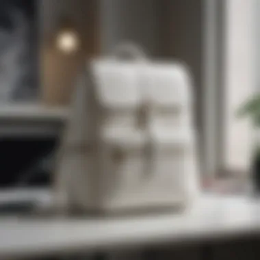Sophisticated Workspace with White Leather Backpack Sleek white leather laptop backpack on a modern workspace